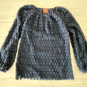 Tory Burch Navy Blue Lace Fully Lined Loose Fitting Blouse With Gold Buttons